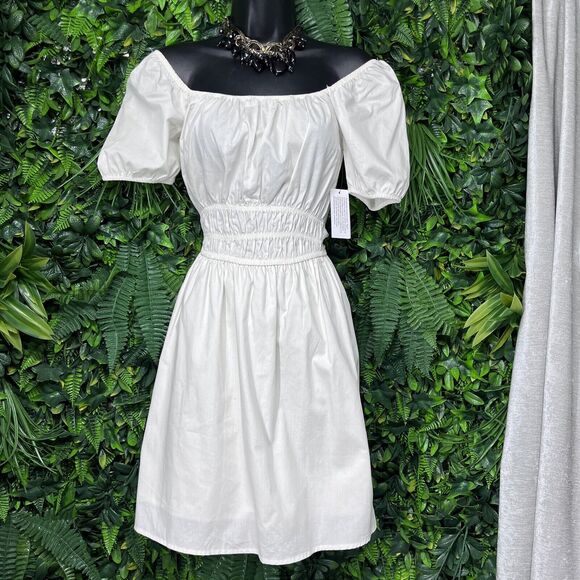 AND NOW‎ THIS Dress Women XS White Off Shoulder Babydoll Smocked Waist 2208 - Picture 2 of 10